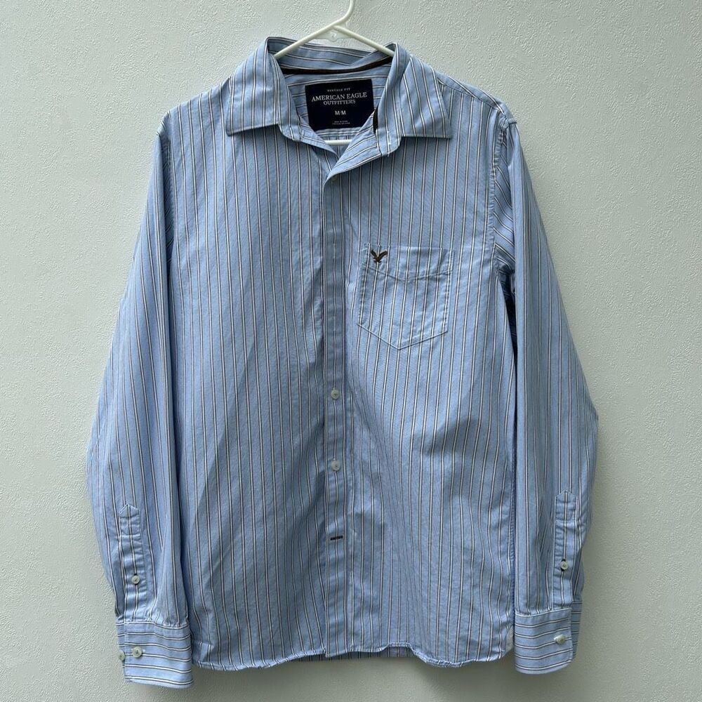 American Eagle Outfitters Vintage Fit Men’s Button Down Shirt Blue Brown Striped